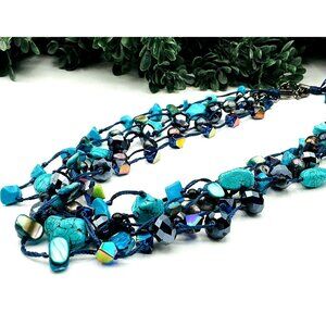 Turquoise Faceted Stone Multi 6 Strand Artisan Necklace With Metallic Accents